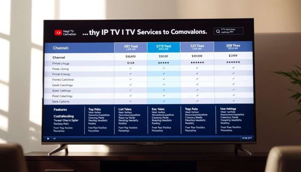 A high-quality, detailed comparison of various IPTV service providers in Canada, displayed on a large, flat-screen TV. The TV screen showcases side-by-side comparisons of channel lineups, pricing, features, and user ratings for top IPTV options. The image has a sleek, modern aesthetic with clean typography and well-organized information. The TV is set against a minimalist background, perhaps a stylish living room or home office, bathed in warm, natural lighting. The overall mood is professional, informative, and visually appealing, reflecting the authoritative nature of the article's subject matter.