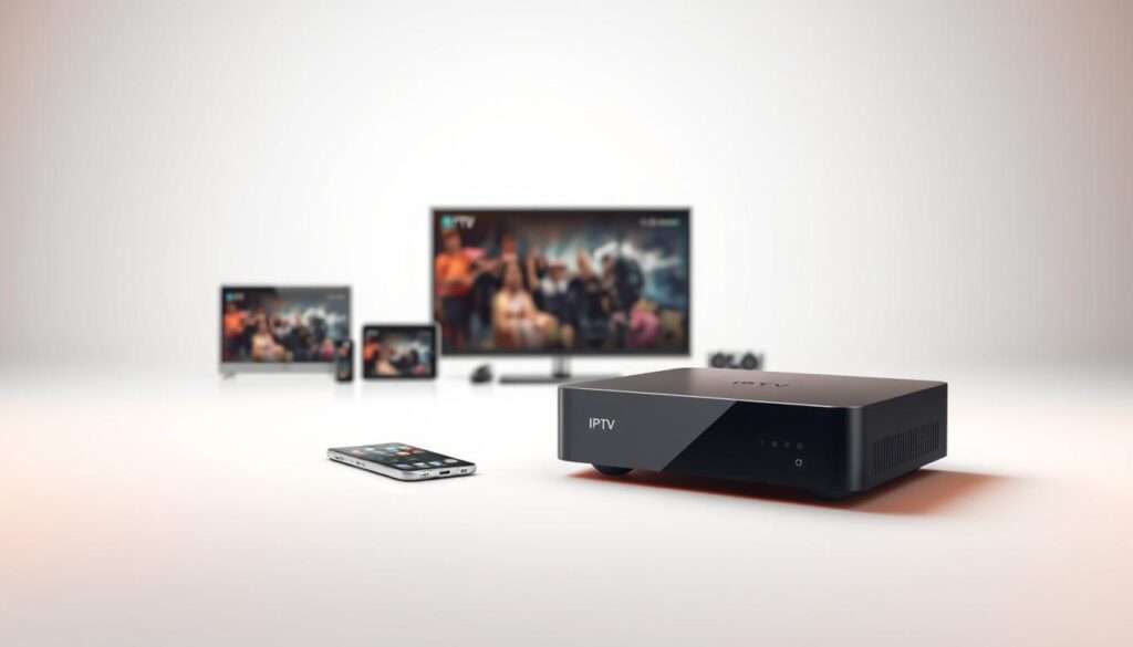 A sleek and modern IPTV device, showcased in a minimalist setup. The device, rendered in high detail, is positioned prominently in the foreground, surrounded by a clean, white background. Subtle shadows and reflections add depth and realism. In the middle ground, various compatible devices such as smart TVs, smartphones, and tablets are displayed, conveying the versatility of the IPTV solution. The background features a subtle grid pattern, symbolizing the technical requirements and infrastructure needed to support the IPTV service. Warm, directional lighting creates a sense of professionalism and sophistication, highlighting the device's key features. The overall composition and styling evoke a high-quality, user-friendly IPTV experience.