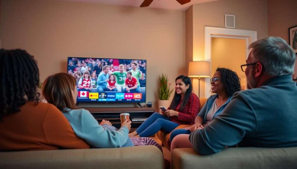 Canadian family enjoying OBO TV content on a large screen TV, highlighting why it's the Best IPTV Service Provider in Canada 2026
