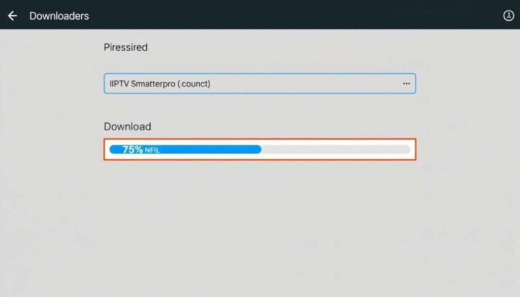 Downloader app interface with URL field and IPTV Smarters download in progress