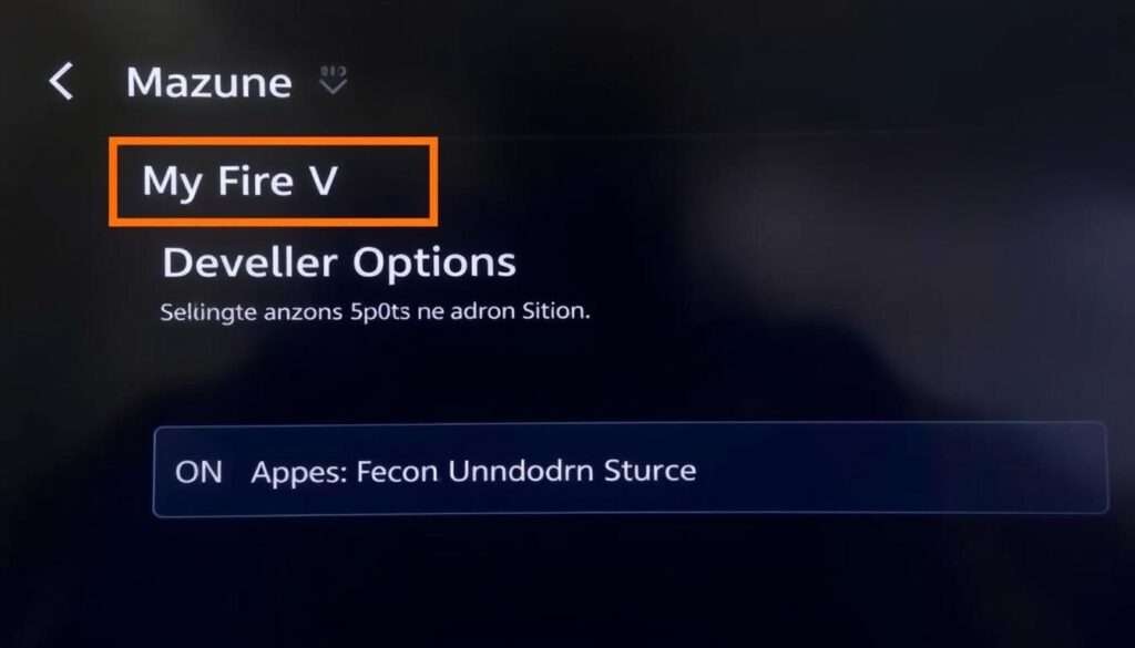 FireStick settings menu showing Developer Options and Apps from Unknown Sources toggle
