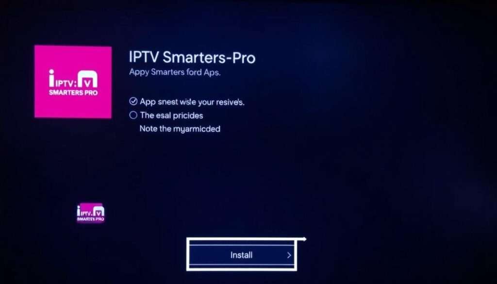 IPTV Smarters Pro installation screen with Install button highlighted
