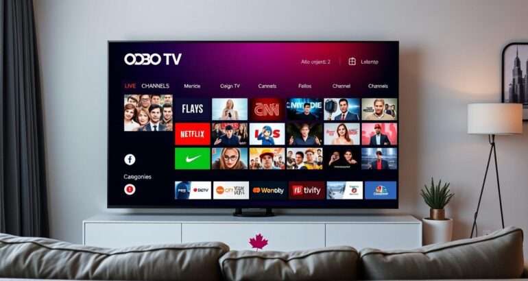 OBO TV interface showing the Best IPTV Service Provider in Canada 2026 with multiple live channels displayed on a smart TV in a modern Canadian living room