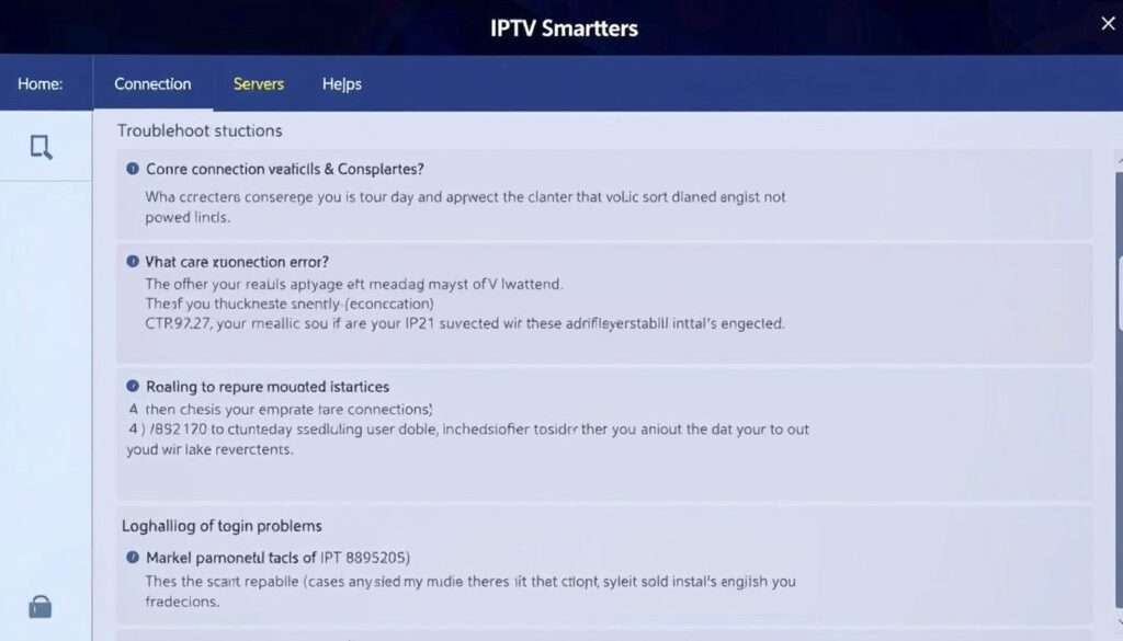 Troubleshooting screen showing common IPTV Smarters error messages and solutions
